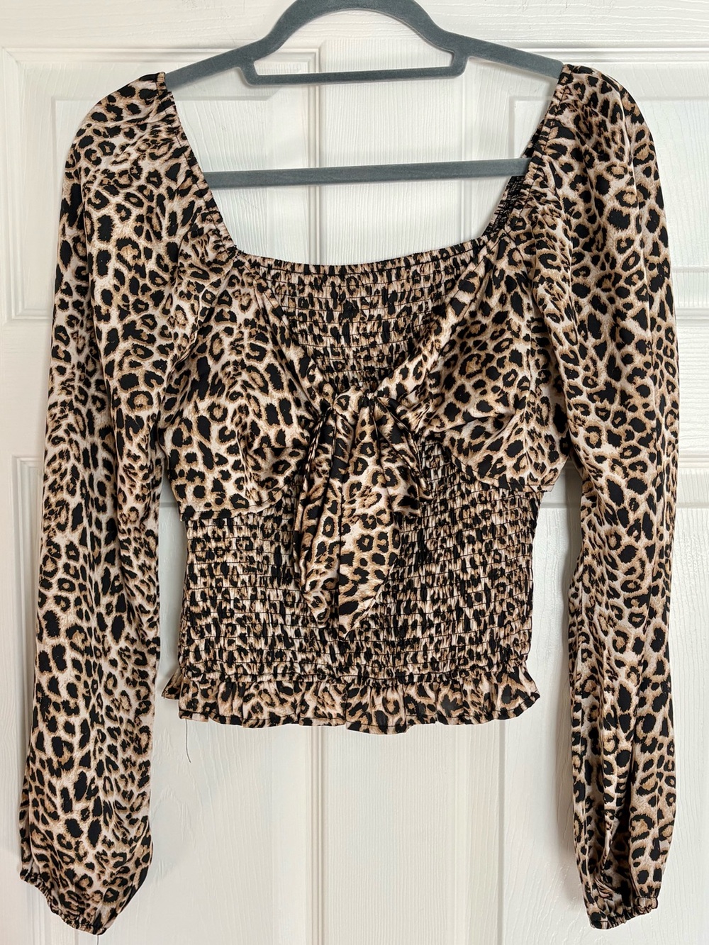 Cavenders Savanna Jane Beige and Black Leopard Smocked Square-Neck Top